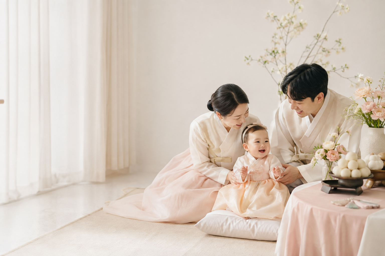 아이의 첫 생일을 함께 기념하는 가족